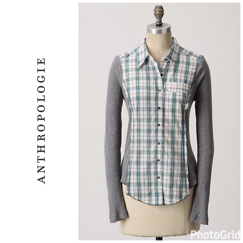Anthropologie Gray and Green Plaid Button Down Shirt